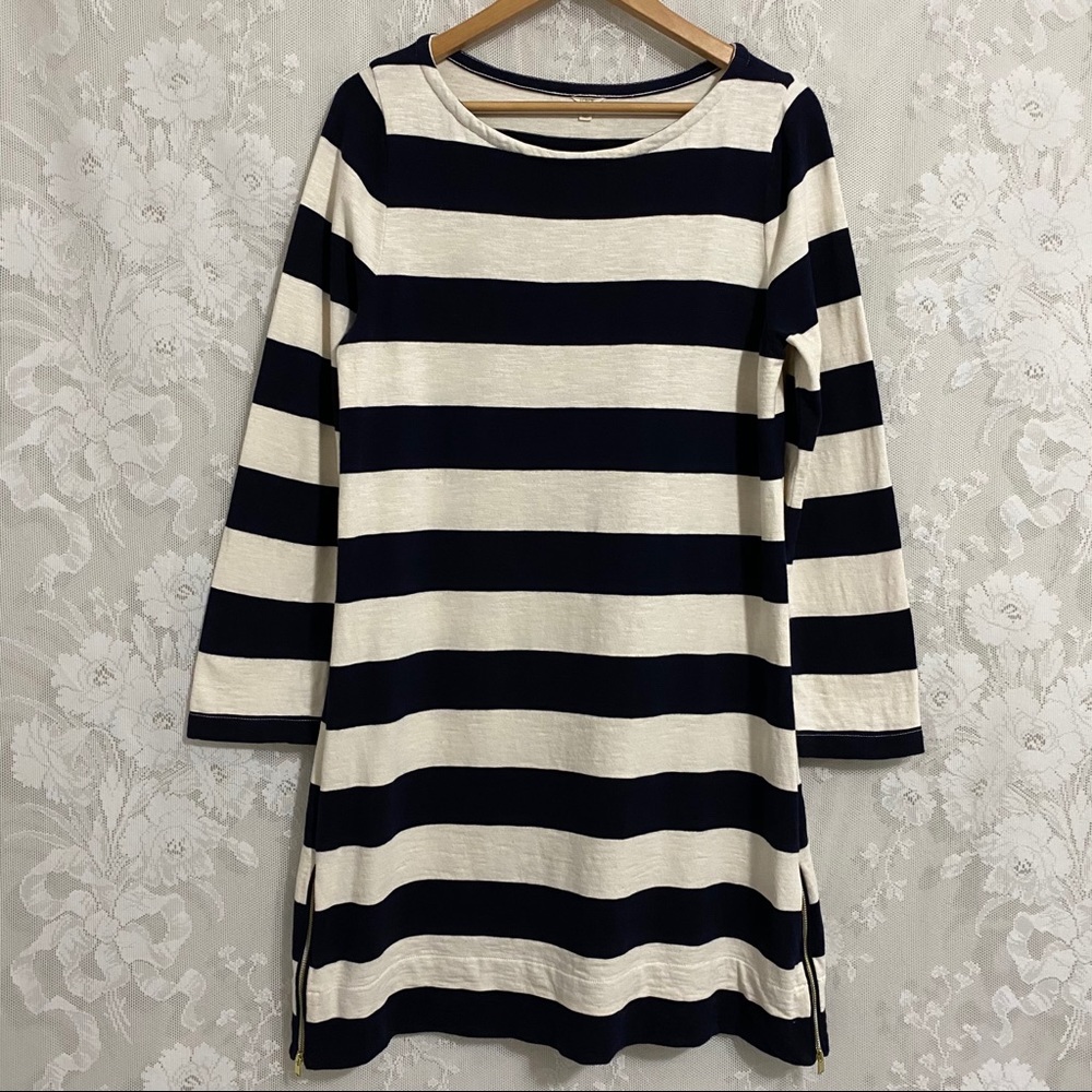 J Crew Navy Blue Striped Long Sleeve Shift Dress M